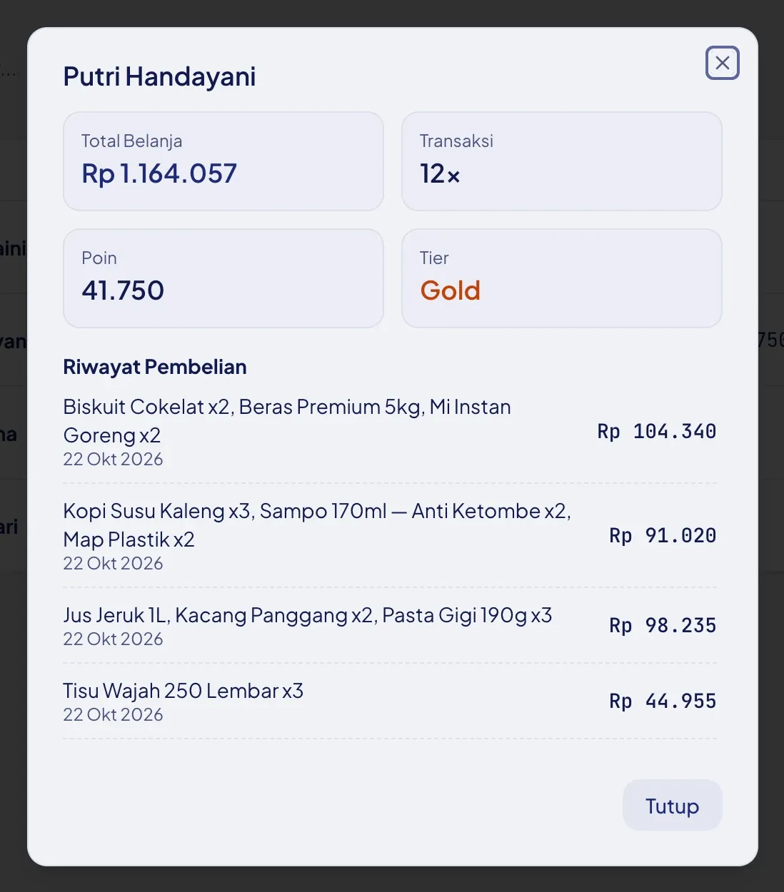 Data pelanggan dengan tier dan total belanja