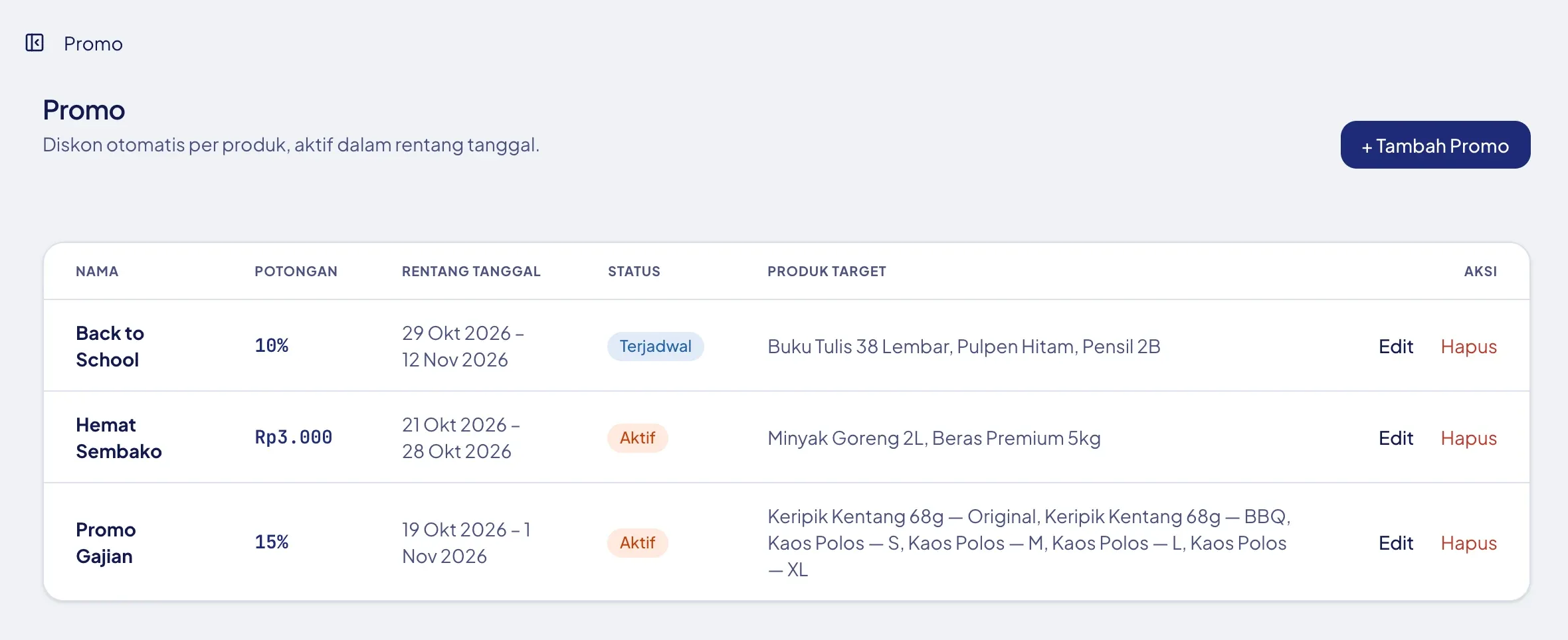 Daftar promo terjadwal