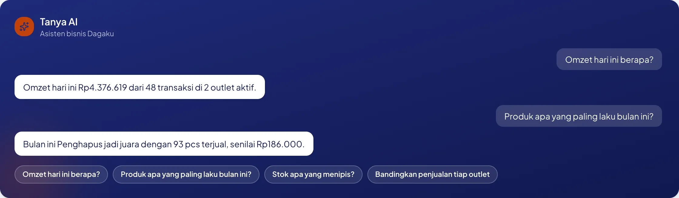 Tanya AI menjawab pertanyaan omzet dan produk terlaris